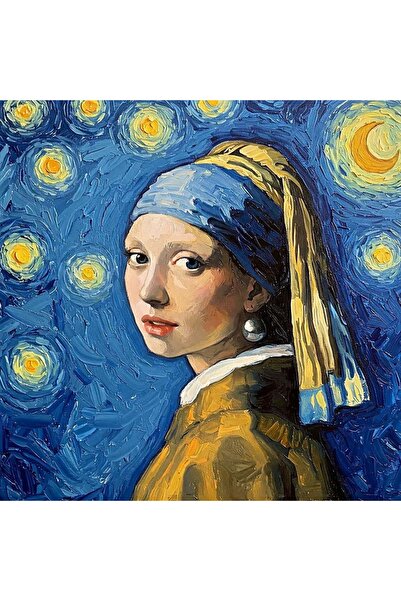 Dialands Mozaik İnci Küpeli Kız Ve Yıldızlı Gece 50x50cm T033 Dialands Elmas Mozaik Tablo