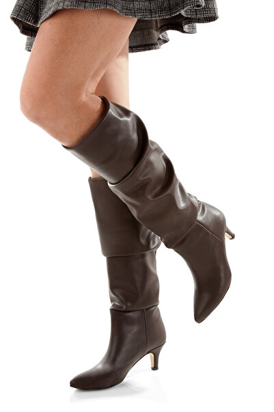 LUVETTO Γυναικείες μπότες με μυτερή μύτη, καφέ δέρμα, 5 εκ. λεπτό τακούνι, με...