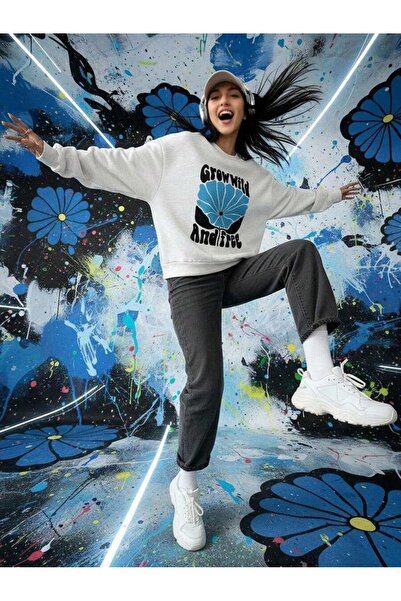 OVER HEAD Grey Grow Wild pentru femei cu imprimeu guler rotund Swea tricou