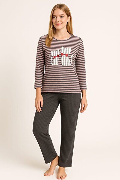 enmodaiçgiyim Set de pijamale pentru femei cu dungi roz-gri – mâneci lungi, potrivire confortabilă, țesătură moale, elastică