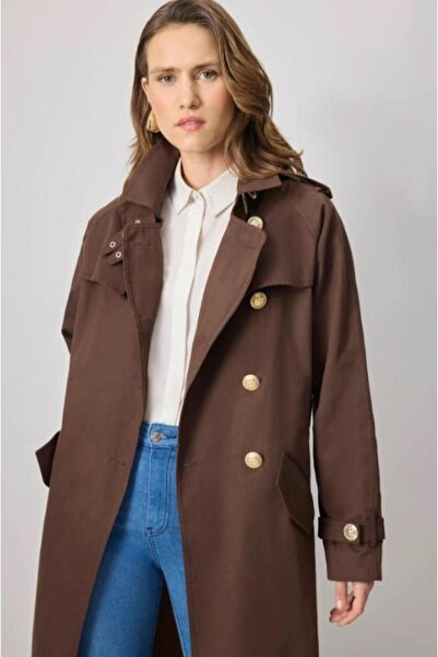 Touche Kemerli Gold Düğmeli Kruvaze Trençkot Kahverengi