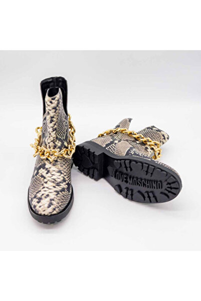 Love Moschino LEATHER ANKLE BOOT WITH PYTHON PRINT AND GOLD CHAIN