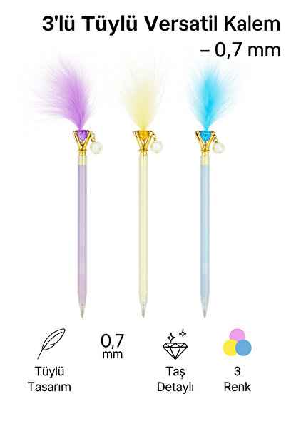 Janissary 3’lü Tüylü Taşlı Versatil Kalem Seti – 0.7 mm Uçlu, Şık ve Renkli Tüylü Kalemler
