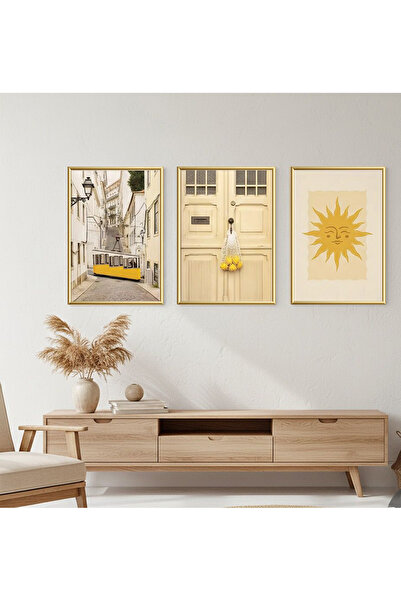 Linacci Set de pictură cu cadru metalic triplu auriu, cărucior galben, sticlă lămâie