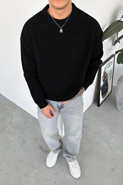 HAFKAGİYİM Black Knitted Pattern Oversize Knitwear Sweater