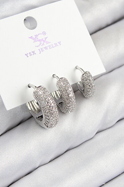 Acousticworld Brass Zircon Stone 3-Piece Hoop Model Silver Color Women's Earrings