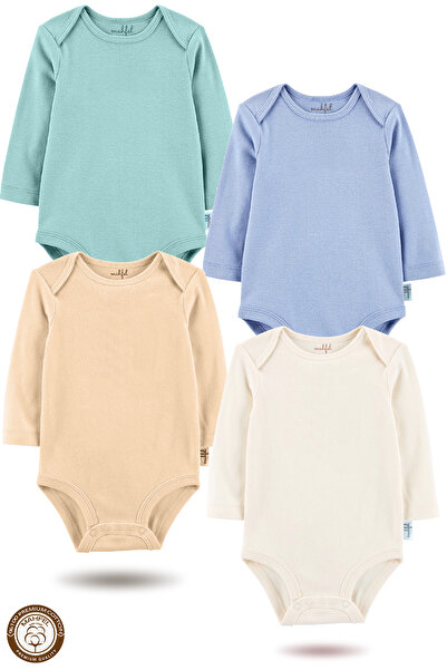 MAHFEL 100% Cotton Long Sleeve Baby Bodysuit Snap Fastener Bodysuit Set of 4
