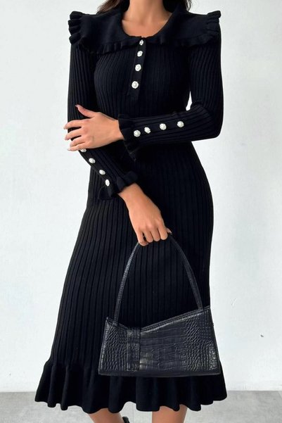 Yeslena Bebe Yakalı Fırfır Detaylı Düğme Kapamalı Dar Kesim Casual Esnek Balı...