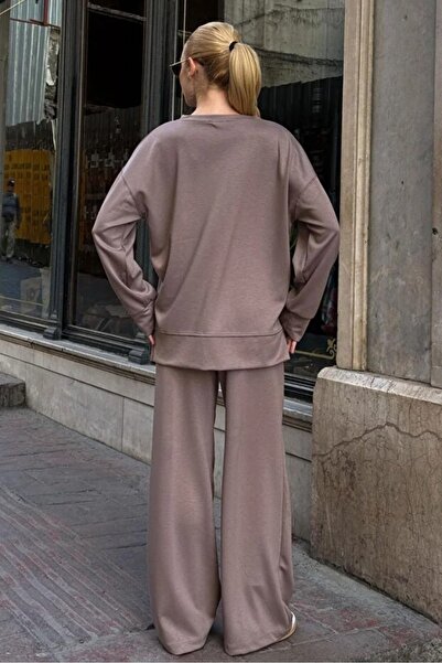 Hazinedan Women's Mink Crew Neck Blouse and Relaxed Fit Pants with Elastic Waist Bottom Top Set