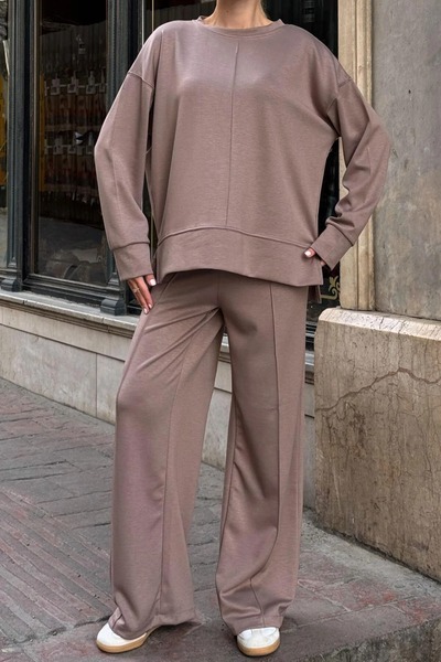 Hazinedan Women's Mink Crew Neck Blouse and Relaxed Fit Pants with Elastic Waist Bottom Top Set