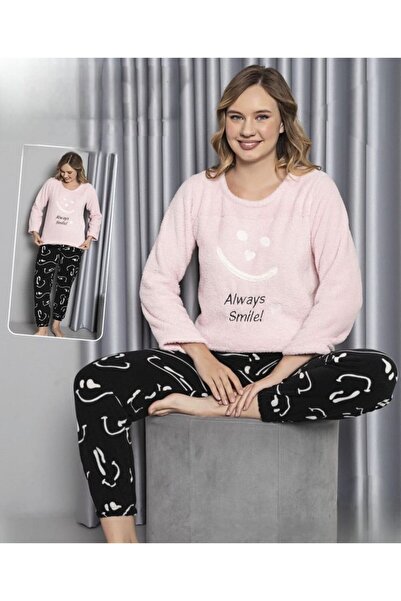 MOPİ طقم بيجامة من قطعتين بأكمام طويلة وياقة دائرية مصنوعة من القطيفة بنقشة ح...