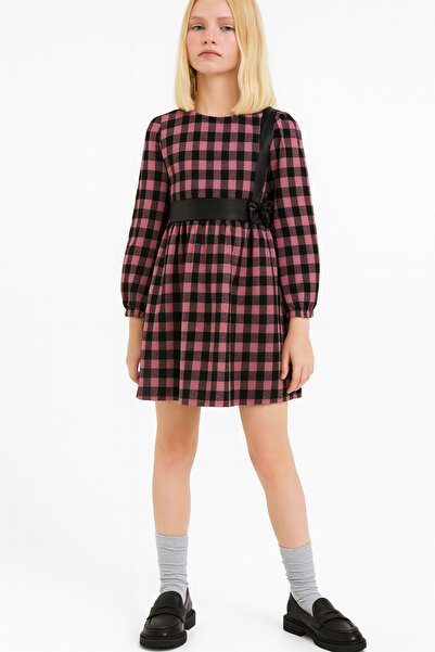 ESİLA KİDS فستان بناتي أحمر أسود منقوش بحزام وقوس جلدي مفصل بأكمام طويلة من 3...