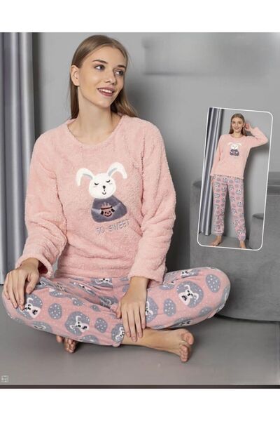 MOPİ طقم بيجامة من قطعتين بأكمام طويلة وياقة دائرية مصنوعة من القطيفة بنقشة ح...