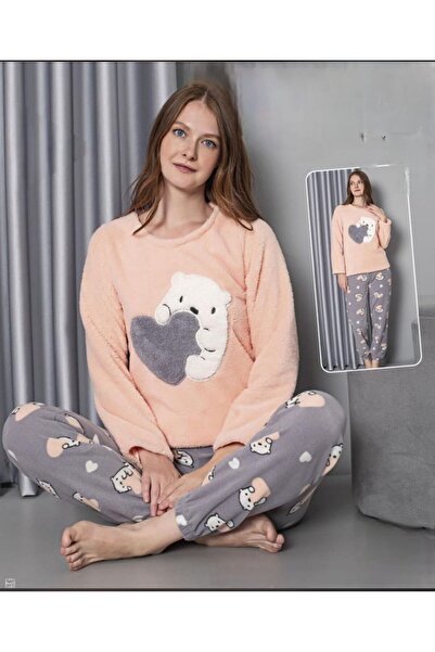 MOPİ طقم بيجامة من قطعتين بأكمام طويلة وياقة دائرية مصنوعة من القطيفة بنقشة حيوانات دافئة وناعمة