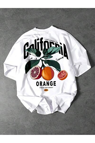 PALPİTO Men's White California Orange Printed Oversize T-Shirt