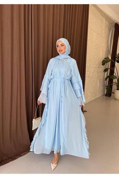 KULVAR TREND 5730 Kolu Volanlı Pelerinli Şifon Elbise