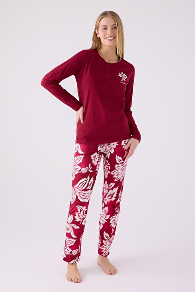 Pierre Cardin 8866 Set de pijamale pentru femei, cu nasturi, cu mâneci lungi, în culoarea cireșului