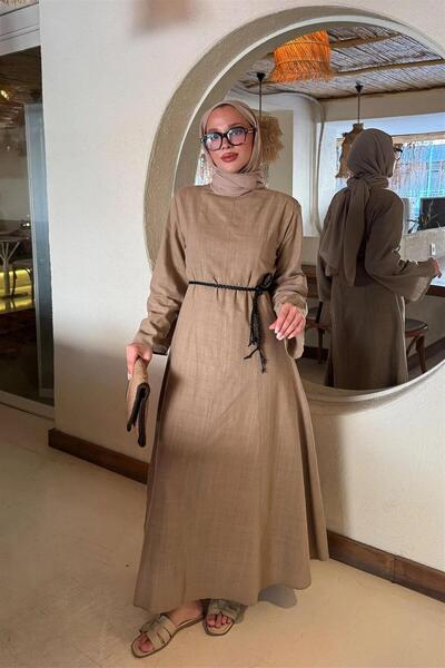 KULVAR TREND 3335 Bisiklet Yaka Şaç Örgü Kuşaklı Keten Apple Elbise