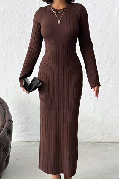 Yeslena Sıfır Bisiklet Yakalı Fitill Dokuma Slim Fit Dar Kesim Casual Uzun Kollu Esnek Kalem Triko Elbise