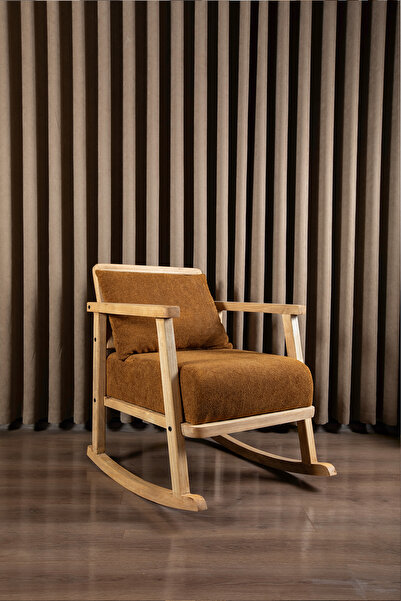 Aberteka Dante Hazeranlı Doğal Ahşap MEŞE Renk, Hardal Mikro Fiber Bukle Kumaş Sallanır Berjer