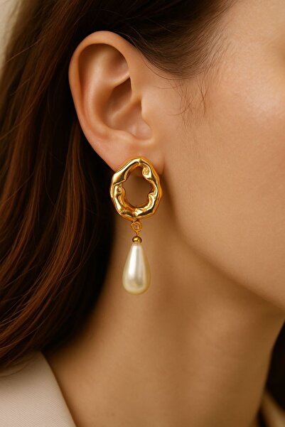 MELENY Gold Dangle Pearl Detail Round Earrings