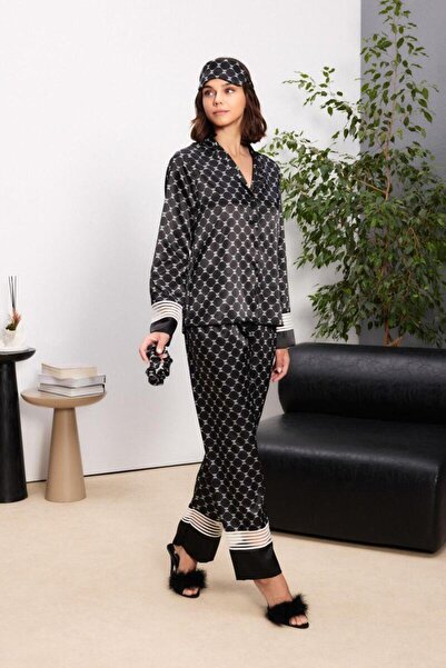 Pierre Cardin Women's Satin Front Buttoned Long Sleeve Sleepwear Set with Sleep Band Buckle Gift