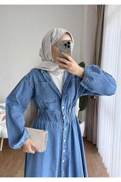 KULVAR TREND Y-03 Beli Kalın Lastikli Gömlek Yaka Kot Elbise