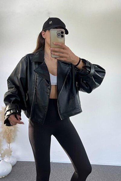 Jaglion Oversize Women's Balloon Sleeve Leather Jacket