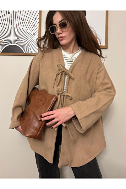Store Kadın Bağlama Detaylı Salaş Kaşe Hırka Ceket