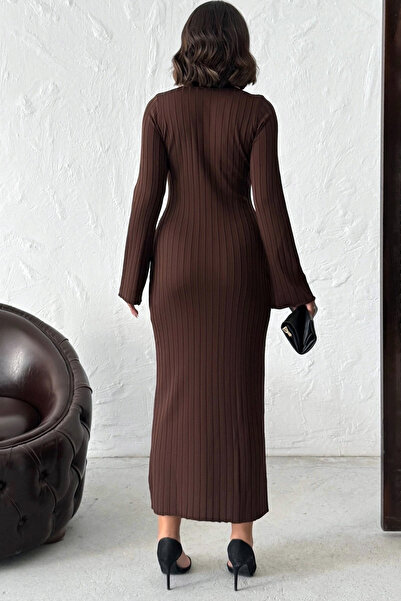 Yeslena Sıfır Bisiklet Yakalı Fitill Dokuma Slim Fit Dar Kesim Casual Uzun Kollu Esnek Kalem Triko Elbise