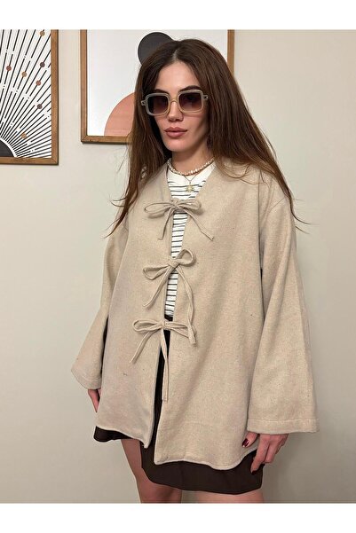 Store Kadın Bağlama Detaylı Salaş Kaşe Hırka Ceket