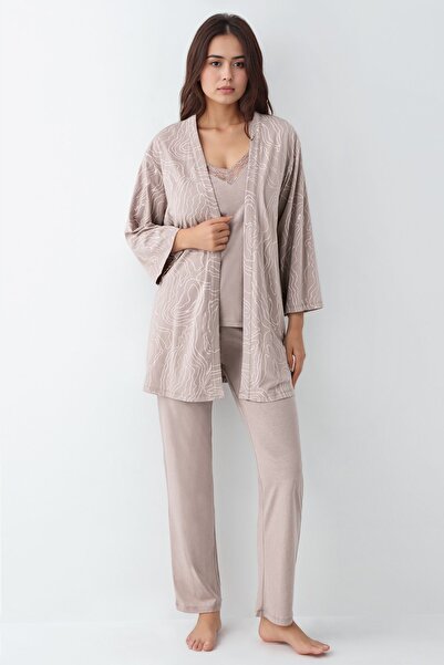 Pierre Cardin Kadın Modal Pamuklu Vizon Sabahlıklı Pijama Takımı QP9K0R9K9R