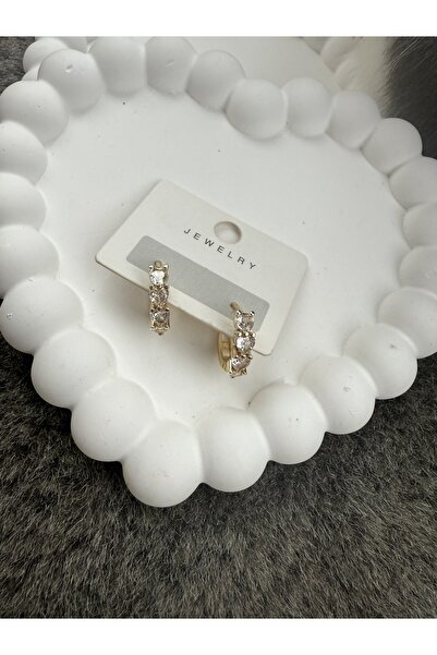 Bijouzel Üç Taşlı Altın Renk Işıltılı Çelik Küpe