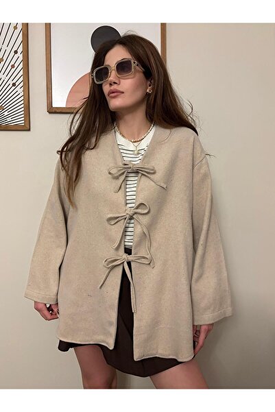Store Kadın Bağlama Detaylı Salaş Kaşe Hırka Ceket