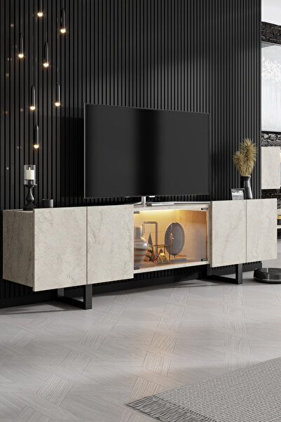 Modatte ZENİT TV ÜNİTESİ 15 TASARIM TEK PAKET DUVARA MONTAJ, METAL AYAKLI, FÜME PVC CAM, LED IŞIK MD2609