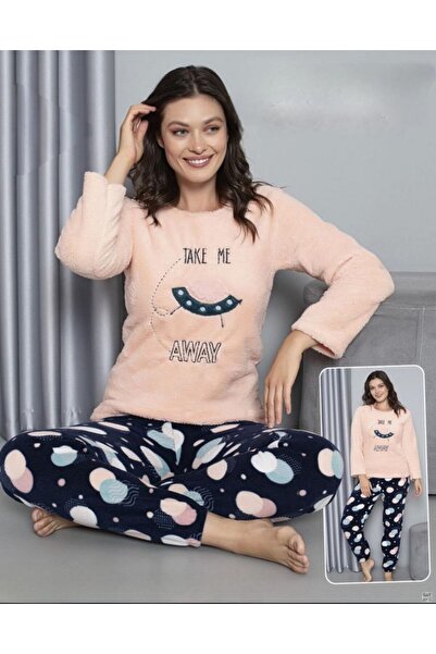 MOPİ طقم بيجامة من قطعتين بأكمام طويلة وياقة دائرية مصنوعة من القطيفة بنقشة ح...