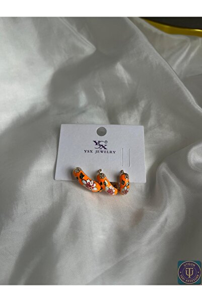 uyguntakıaksesuar Turuncu Mineli Çiçek Desenli Kadın Halka Küpe – Gold Paslanmaz Çelik, Renkli Tasarım