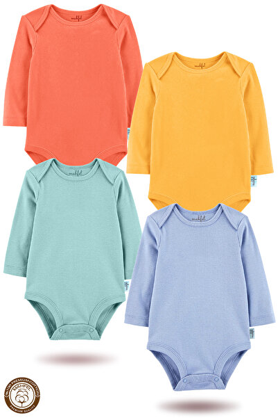 MAHFEL 100% Cotton Long Sleeve Baby Bodysuit Snap Fastener Bodysuit Set of 4