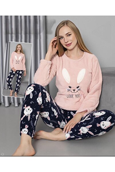 MOPİ طقم بيجامة من قطعتين بأكمام طويلة وياقة دائرية مصنوعة من القطيفة بنقشة ح...