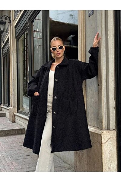 Hazinedan Palton negru pentru femei, cu buzunare duble, cu închidere cu nastu...