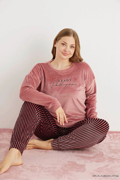 Pijamoni Kadın Büyük Beden Yumuşak Kadife Gül Kurusu Pijama Takımı