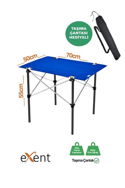 Exent 50x70 cm Kamp Masası Katlanabilir Masa, Piknik Masası, Siyah Taşıma Çan...