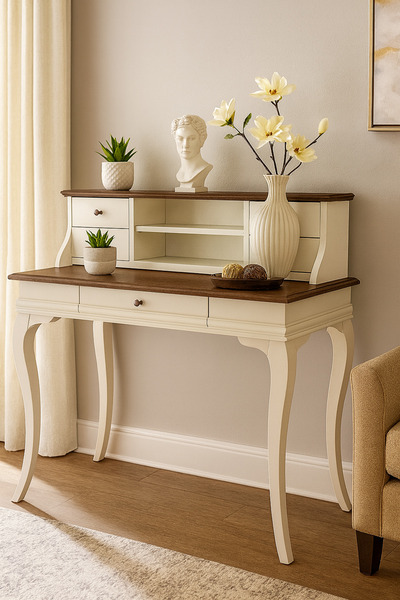 Wooding Mobilya 120 Cm 5 Çekmeceli Masif Krem Ceviz Raflı Çalışma Masası