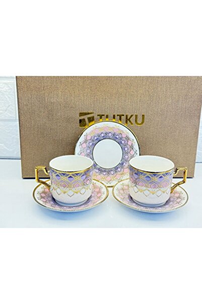 Tutku Altın Yaldızlı 6 Kişilik Porselen Kahve Fincanı Takımı - Geometrik Dese...