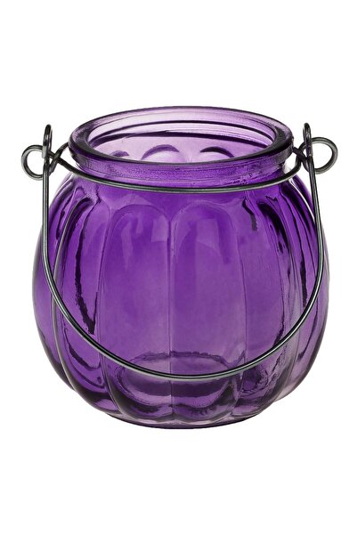 OEM Decorative Pumpkin Lantern Made of Purple Glass Hanging with Handle Ø7.5x8cm