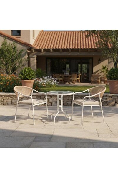 Family Ship Round Garden Table Set with Glass Surface and 2 Seating Chairs - Brown and Beige