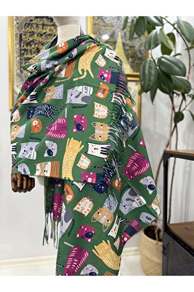 GÜMRÜKÇÜ Customs Officer-100% Cashmere Shoulder Shawl Green Color Cat Patterned