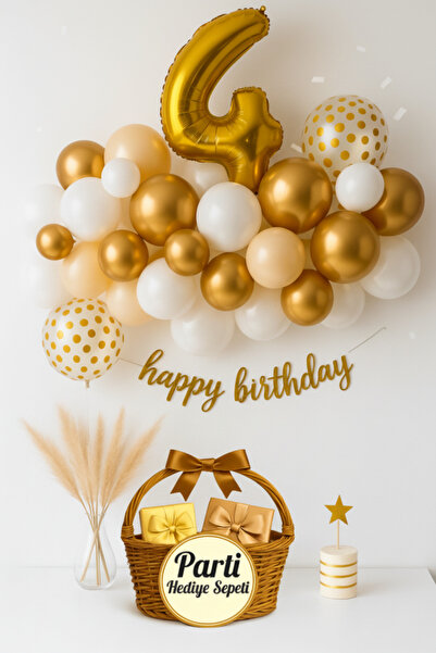 parti hediye sepeti Gold White 4Th Birthday Balloon Set |   Happy Birthday Te...