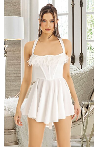aynora Λευκό μίνι βραδινό φόρεμα με λουράκι στο λαιμό