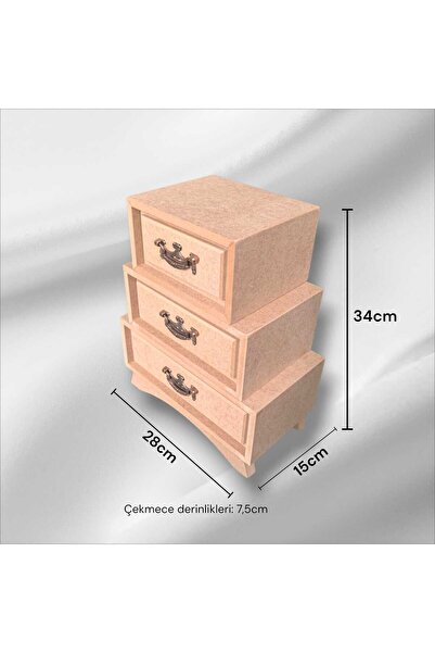 SEKAY AHŞAP Ahşap boyanabilir 3 çekmeceli kulplu dekoratif takı-makyaj-aksesu...